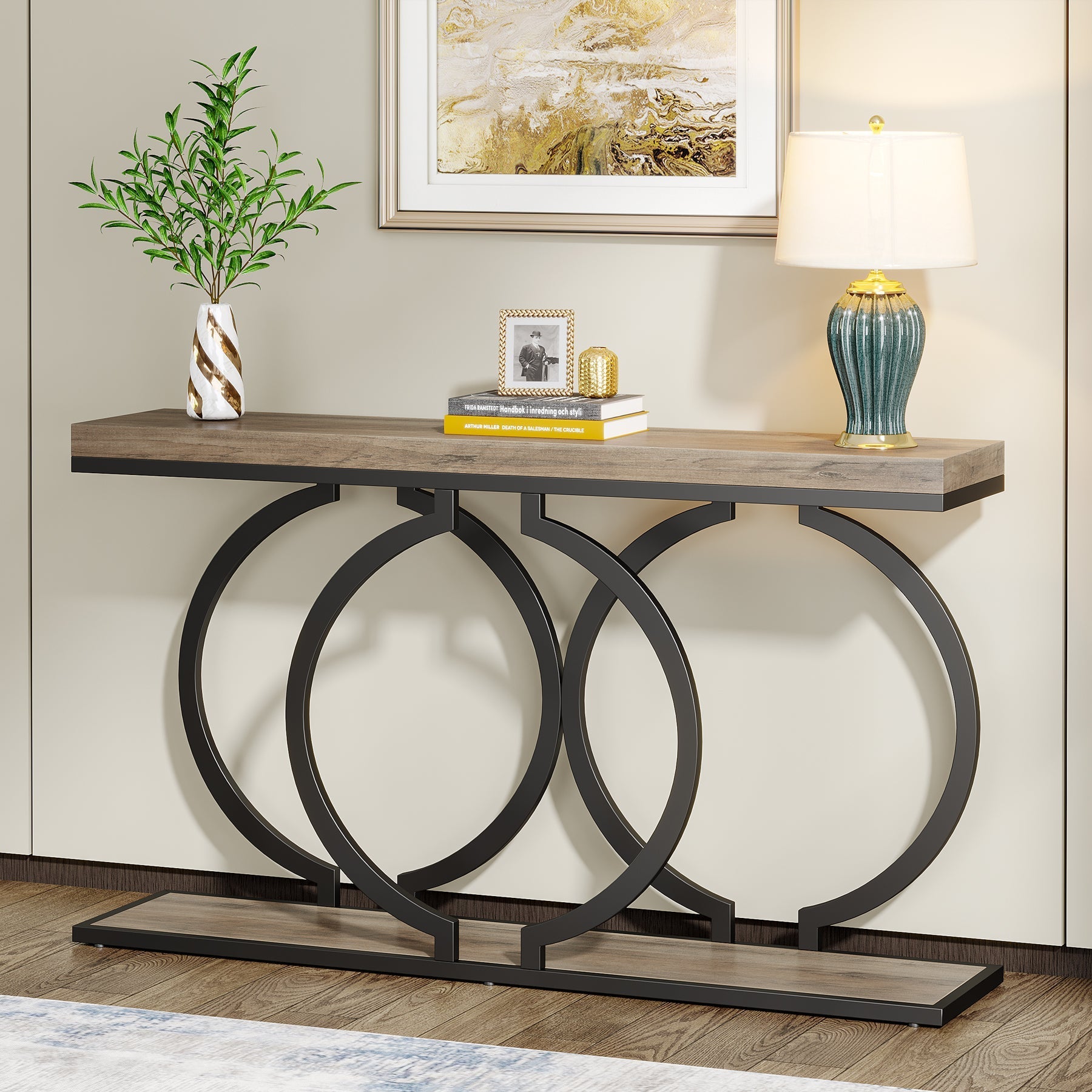 55" Console Table, Narrow Entryway Sofa Table with Geometric Metal Frame Tribesigns